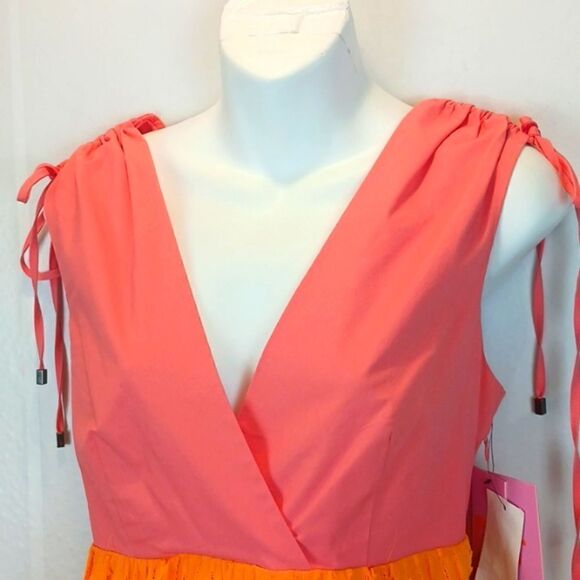 LDT Daphne pink/ yellow color block V-neck and back tiered skirt maxi dress - Picture 4 of 15
